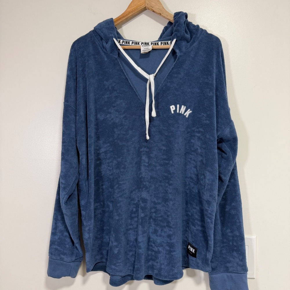 PINK Victoria's Secret Terry Cloth Pullover Hoodie Womens Medium Blue Logo